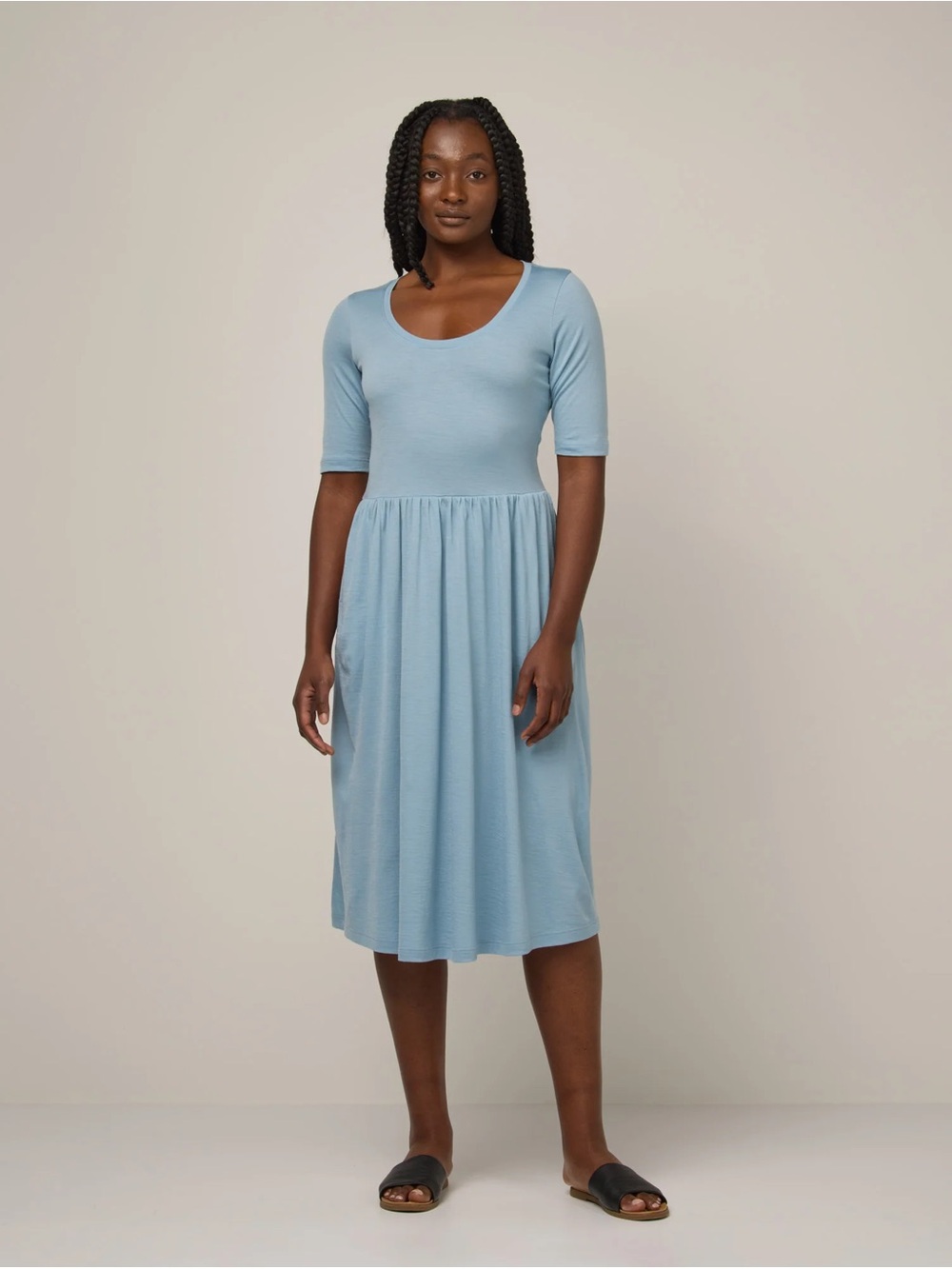 Wool& Sylvie Scoop Neck light Blue merino Midi Dress